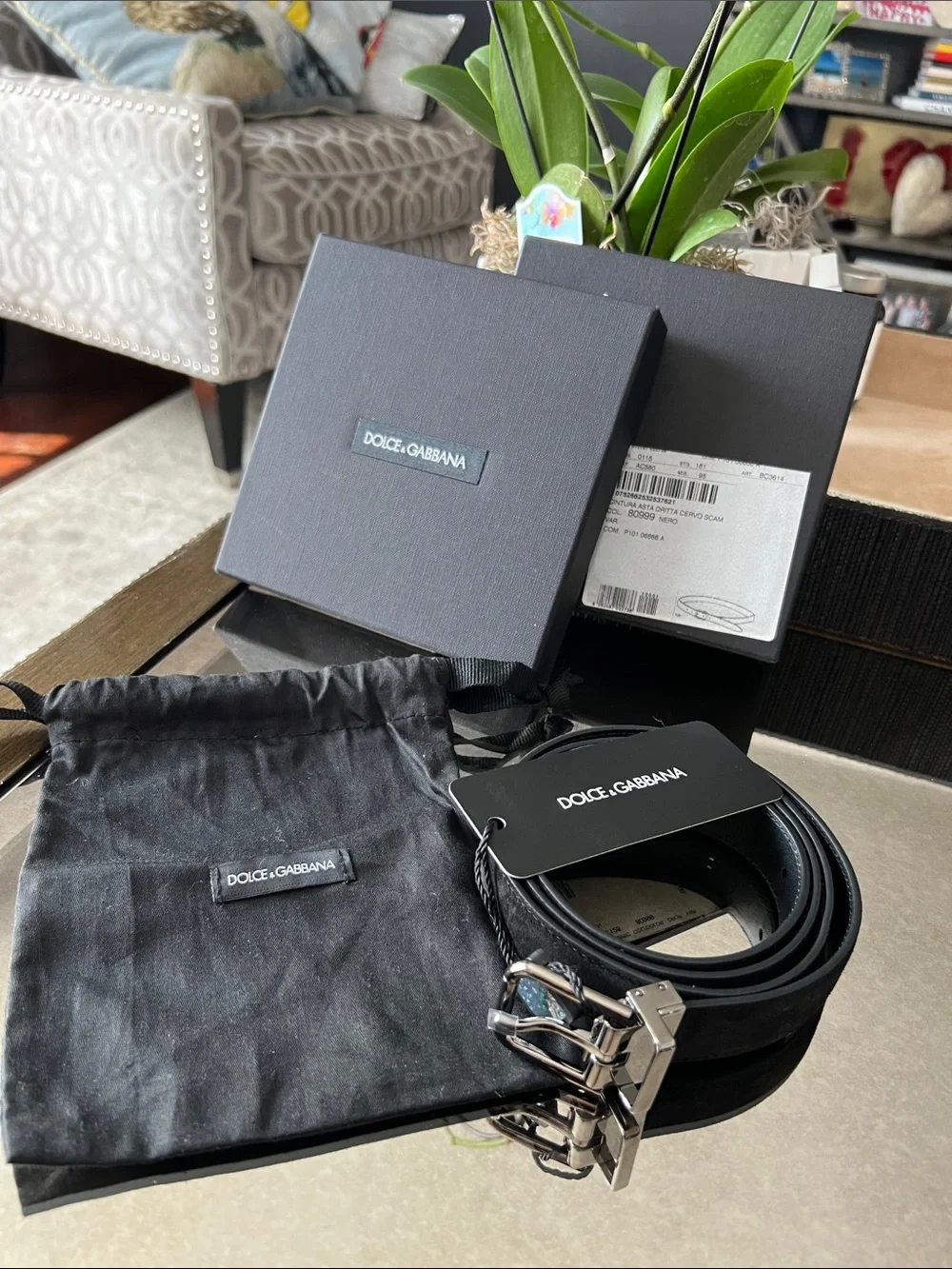 Dolce & Gabbana Black suede Leather Belt with Silver-Tone Double Buckle
